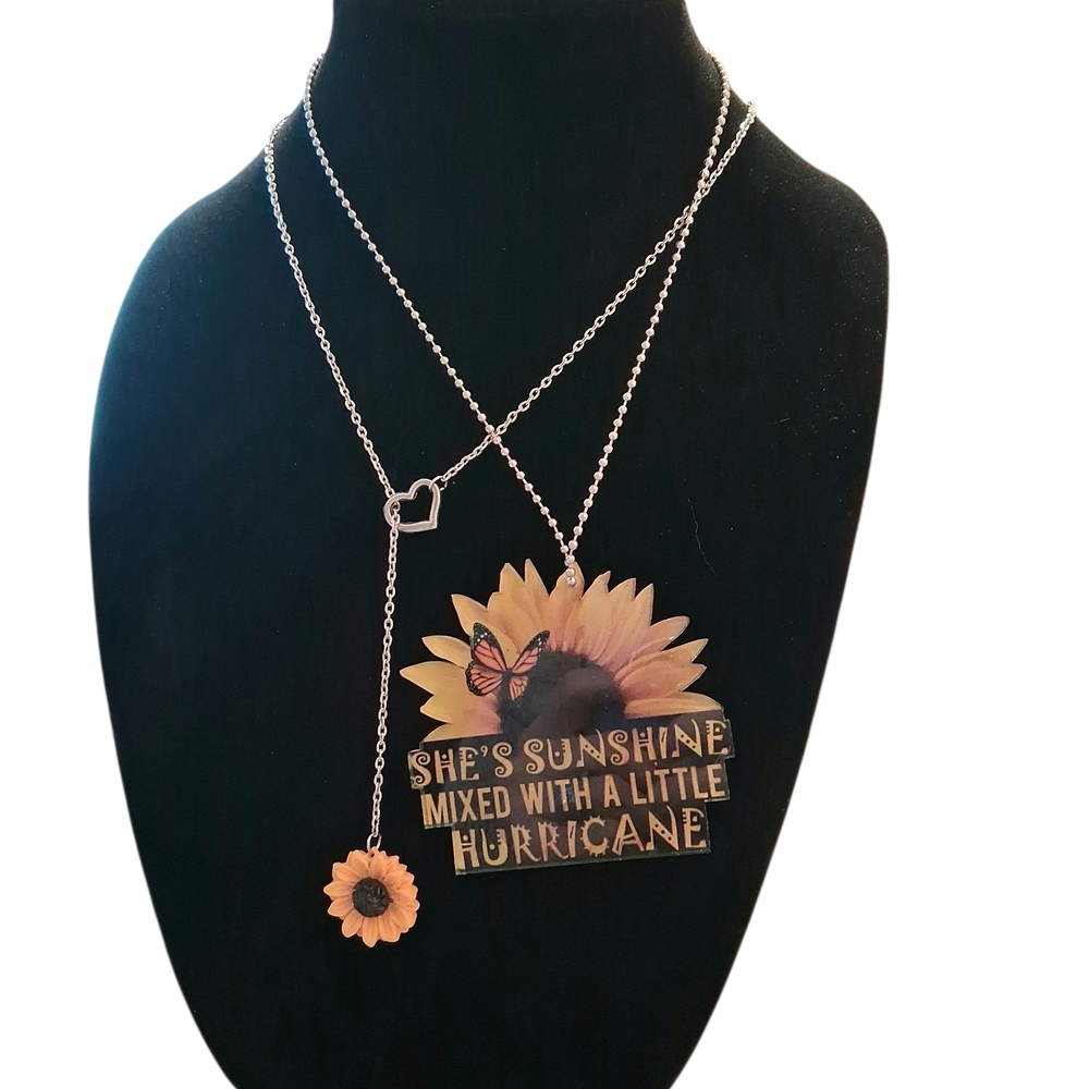 Sunflower Heart  Butterfly Pendant Necklace and Car Mirror Decor. Summer Spring